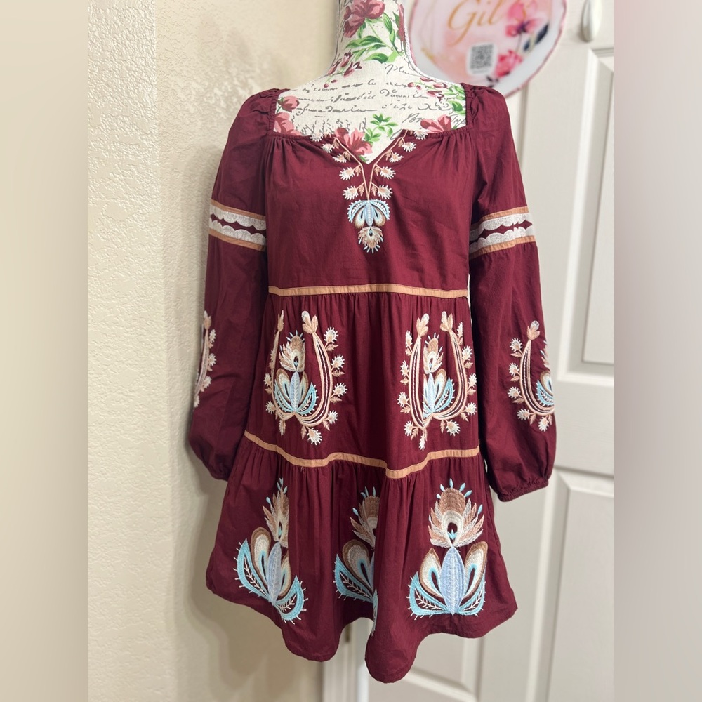 Elegant Burgundy Embroidered Dress by Anthropologie Let me be